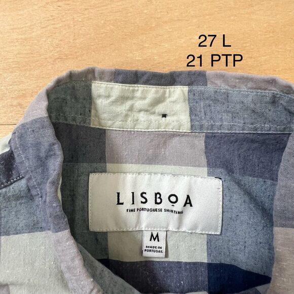 Lisboa Shirt Medium Blue Check Long Sleeve Button Up Oxford Made in Portugal - Picture 8 of 10